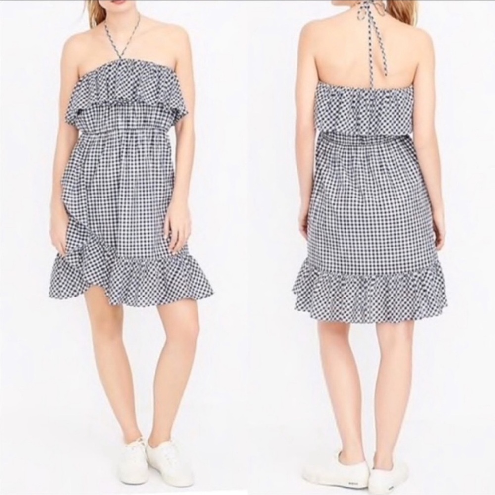 J.Crew Ruffle Halter Dress SZ S Black & White Gingham